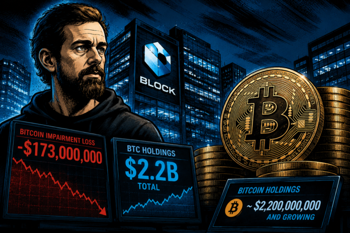 Comic-style Bitcoin treasury scene with Block branding and BTC charts.