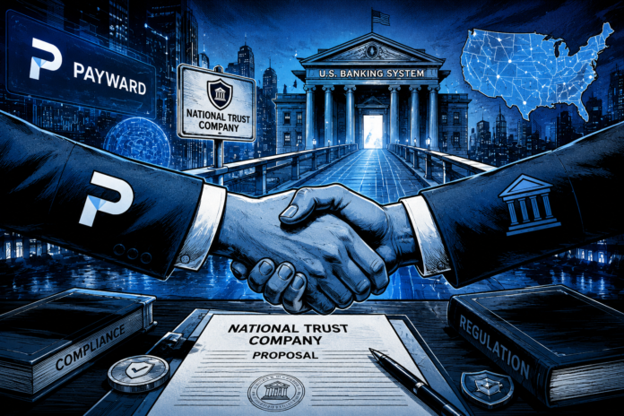 A comic-style scene shows Payward moving toward the U.S. banking system through a glowing futuristic bridge.